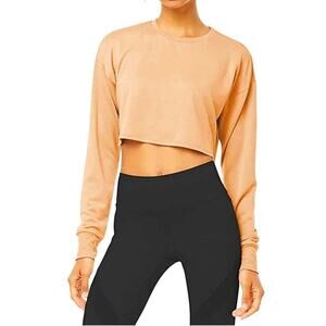 NWT Bestisun Cropped Workout Top Womens Medium Peach Beige Long Sleeve Crew
